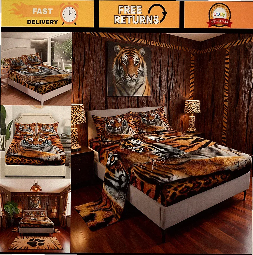 3D Tiger Print Bedding Set for Kids & Teens - 4PC Animal Fur Bed Sheets, Deep Po