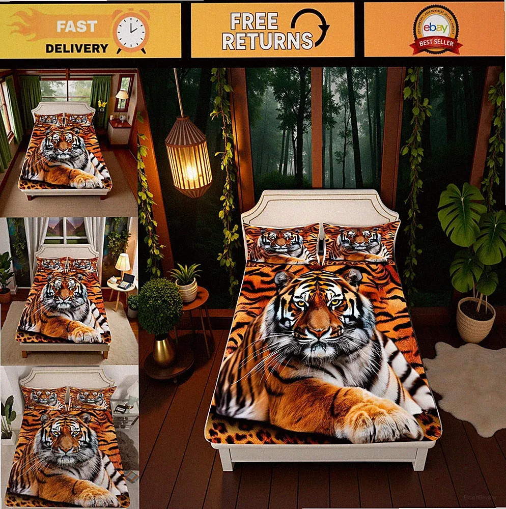 3D Tiger Print Twin Fitted Sheet Set - Wild Animal Bedding for Kids & Teens, Sof