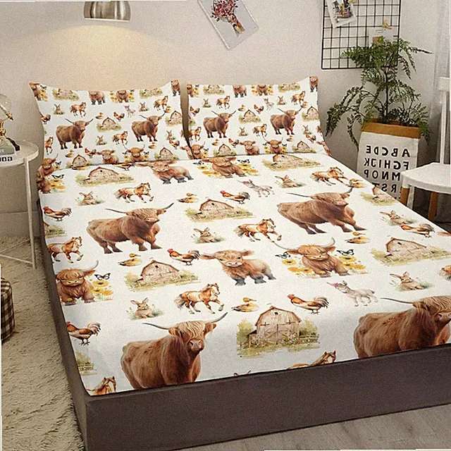 3PCS Farmhouse Sheet Set Cow Animals Fitted Sheet with 2 Pillowcases for Bedding