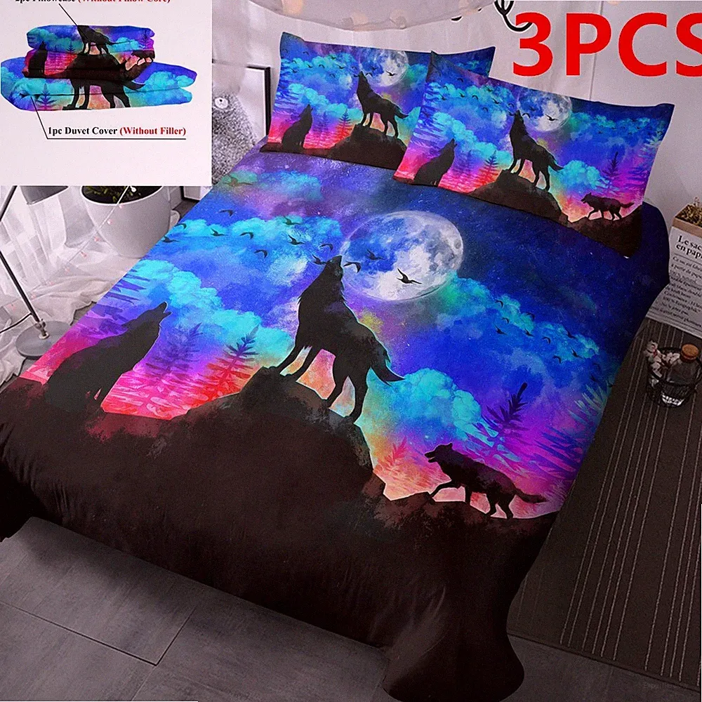 3pcs Wolf Howl Print Duvet Cover Set Evening Moon Wolf Bedding Queen King Size