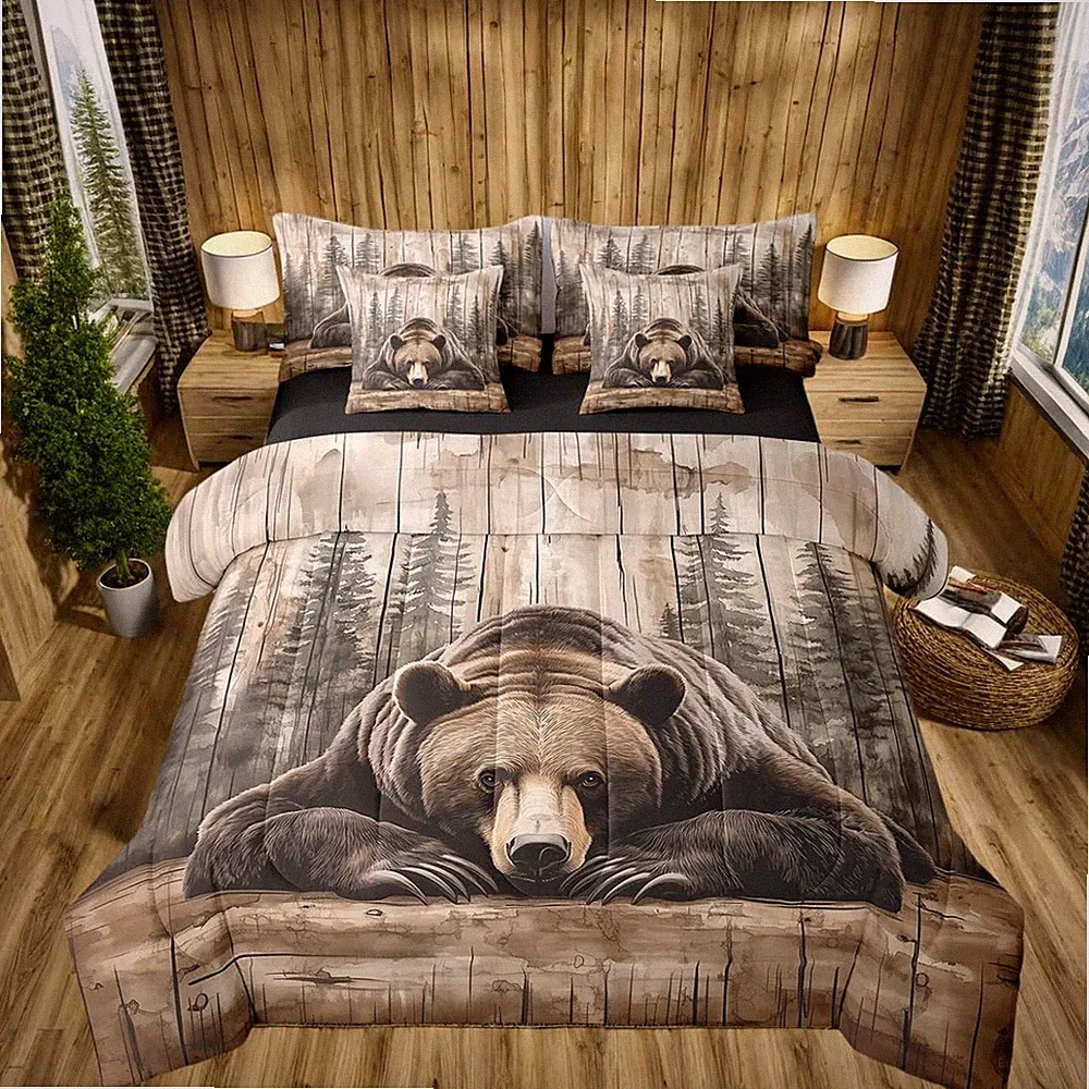 7 Pcs Grizzly Bear Bedding Set Queen Hunting Wild Animal Comforter Set Rustic Fa