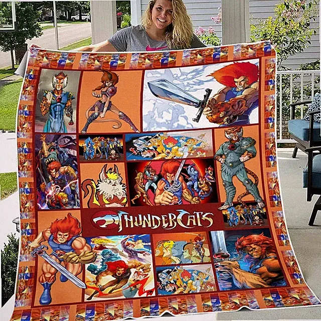 80s Action Hero Cats Flannel Blanket Retro Cartoon Cozy Throw Gift
