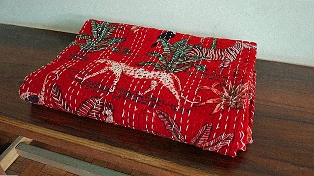 Animal jungle printed Cotton kantha Blanket, Red Color Hippie Bedspread