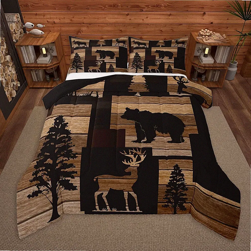 Bear Deer Bedding Set Queen Size Kids Wild Animal Hunting Comforter Set for Boys
