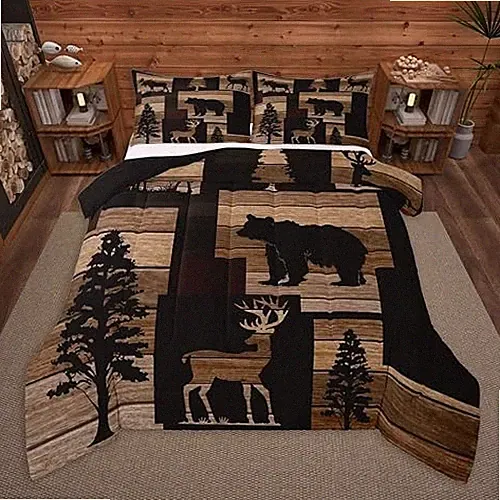 Bear Deer Bedding Set Size Kids Wild Animal Hunting Comforter King Brown，black