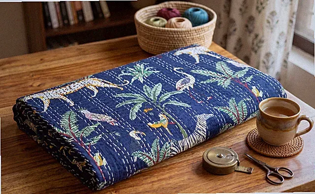Blue colorful Animal jungle printed Cotton kantha Blanket, Hippie Bedspread