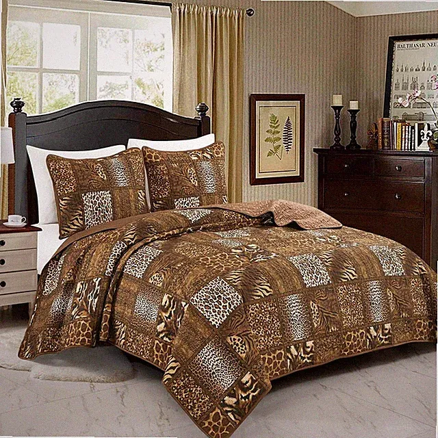 Brown Animal Safari Patchwork Cheetah 3 pc Quilt Set Twin Full Queen King Bed