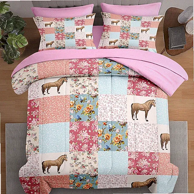 Comforter Set Twin Size, Horse Animal Pink 5 Pcs Bedding for Kids and Adults, Co