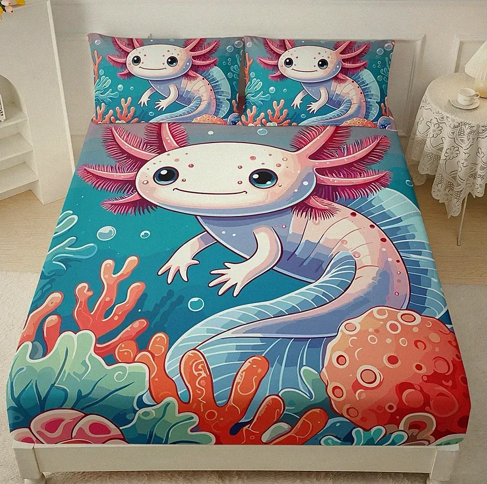 Cute Axolotl Fitted Sheet Pillowcase Sham Set Twin XL Childrens Animal Bedding