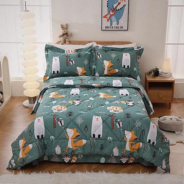 Green Forest Animals Kids Comforter Set Twin Size, 2 Piece Woodland Printed