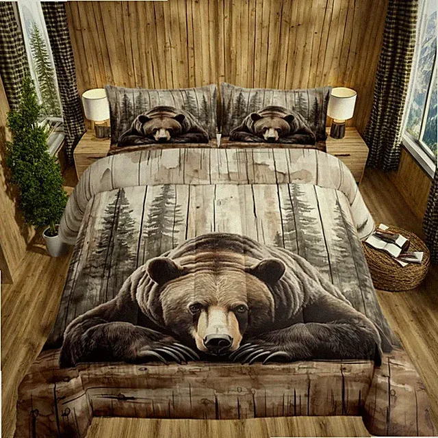 Grizzly Bear Bedding Set Queen Hunting Wild Animal Comforter Set Rustic Farmhous