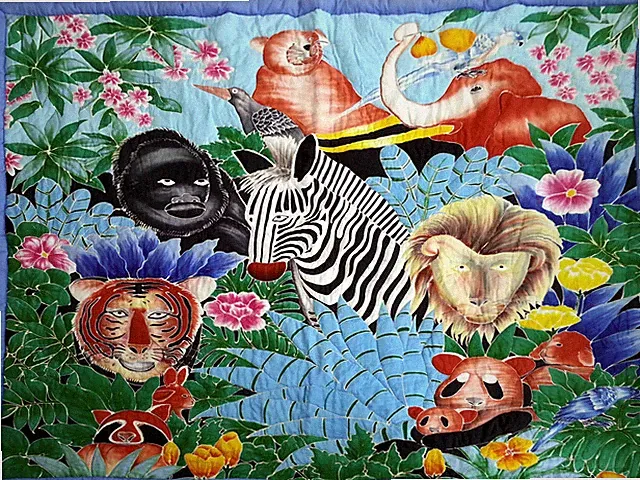 Hand Painted Batik Comforter Bedcover Coverlet Wild Animals Zebra Lion Bird Bali
