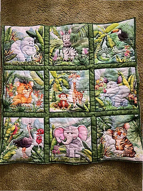 Handmade Baby Zoo Animals Baby Quilt, Approx 33x33”