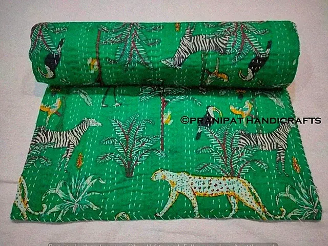 Indien Queen Animal Print Blanket Green Summer Cotton Home D?cor Kantha Quilt