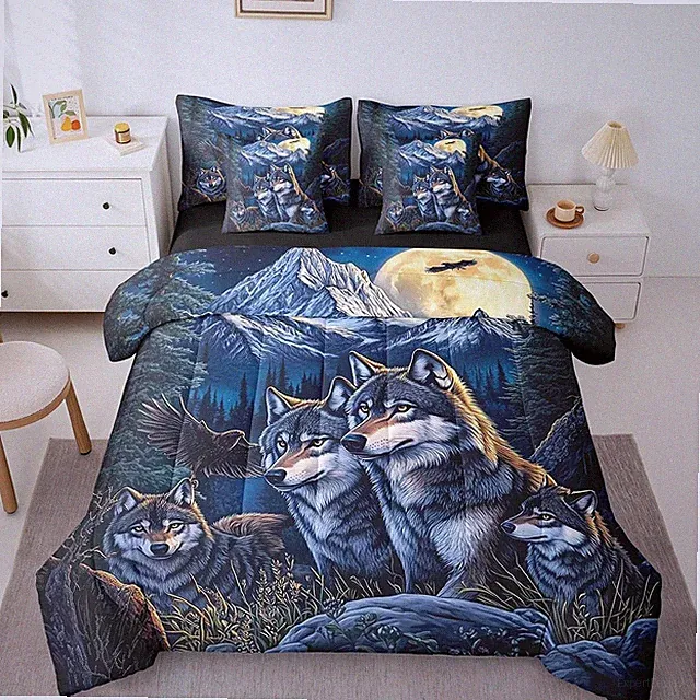 Jungle Wolf Comforter Set,Fierce Wild Animal 7 Piece Bed Set Queen Size for Kids