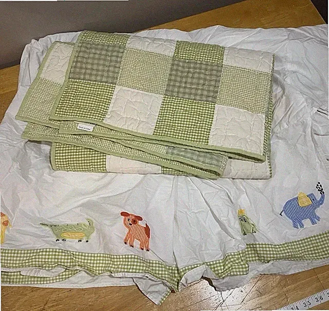 Pottery Barn Kids Jungle Zoo Green Gingham Quilt Bed Skirt Animals Toddler Crib
