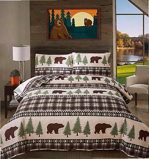 Quilts Queen Size, 3Pcs Rustic Cabin Bedspread Coverlet Set Brown Bear Green...