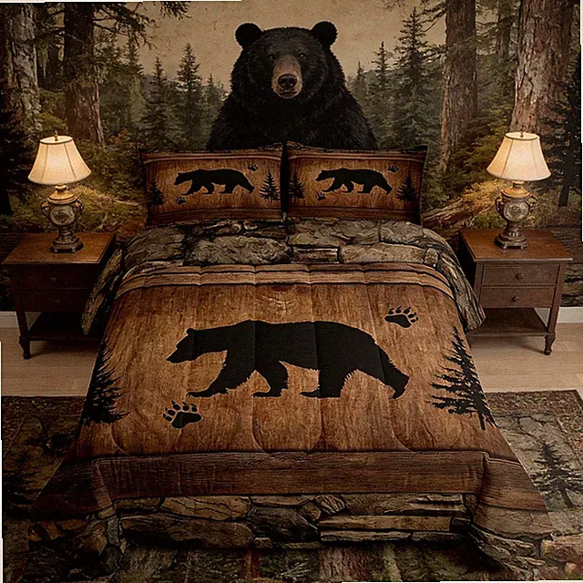 Rustic Bear Comforter Set Queen Size,Wild Animal Hunting Bedding Set 3Pcs,Farmho