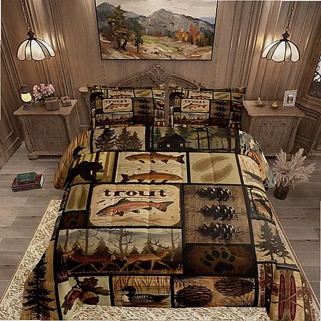 Rustic Cabin Comforter Set Queen Size, Wildlife Hunting Quilt Set Bear Deer Elk