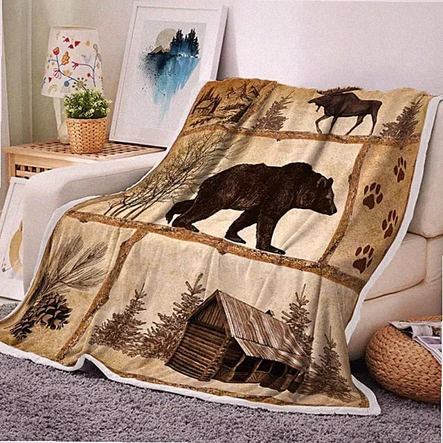 Rustic Cabin Throw Blankets, Farmhouse Country Antique Bear Moose Forest Vintage