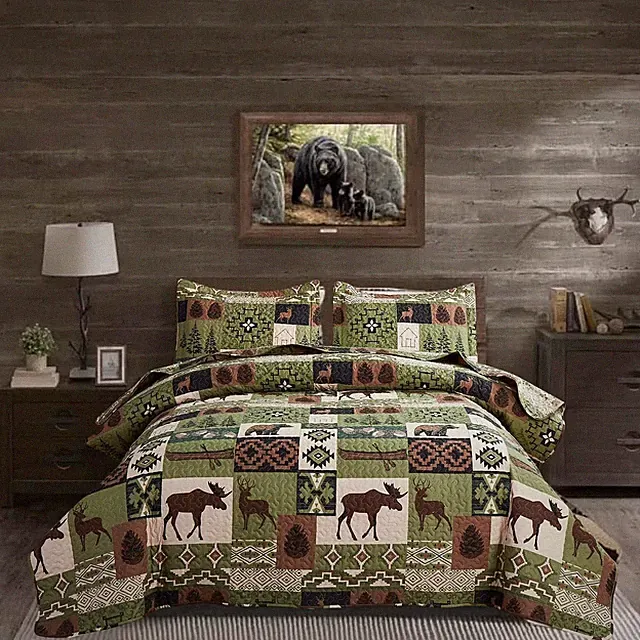 Rustic Quilt Set Queen Size Country Patchwork Queen/Full Olive Green Bear
