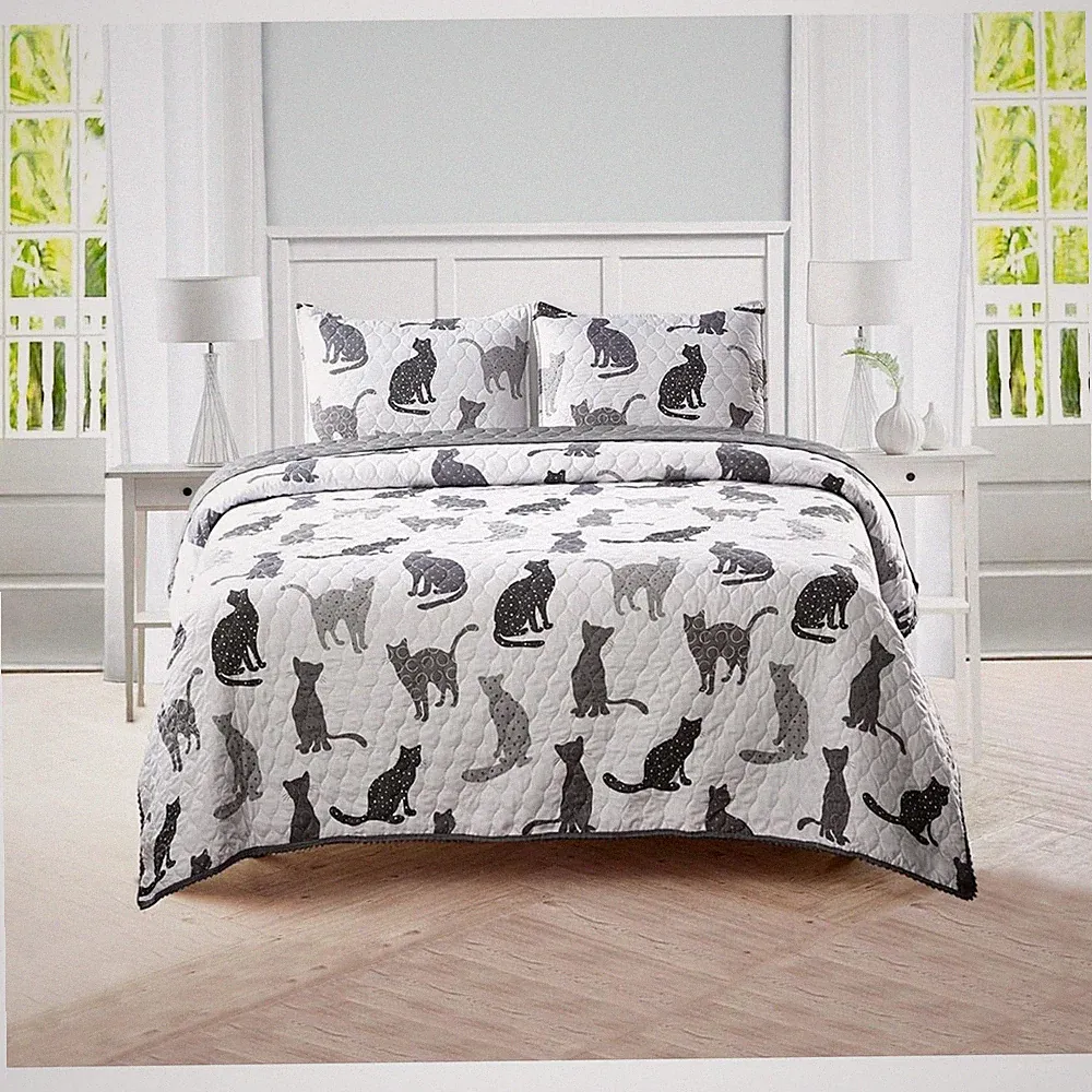Sleeping Partners Grey Cat Animal Quilt Set Full Queen Bedding