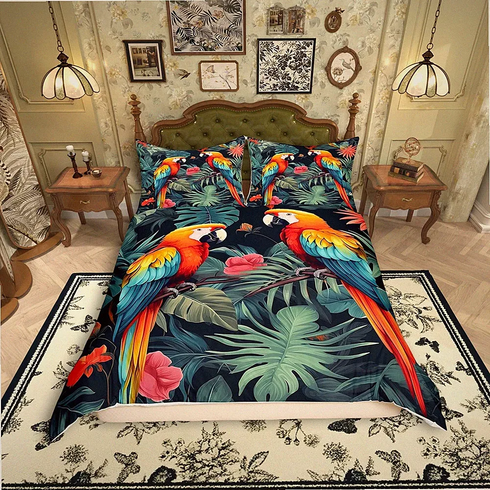 Tropical Birds Duvet Cover King Size,Jungle Parrot Bird Wild Animal Comforter...