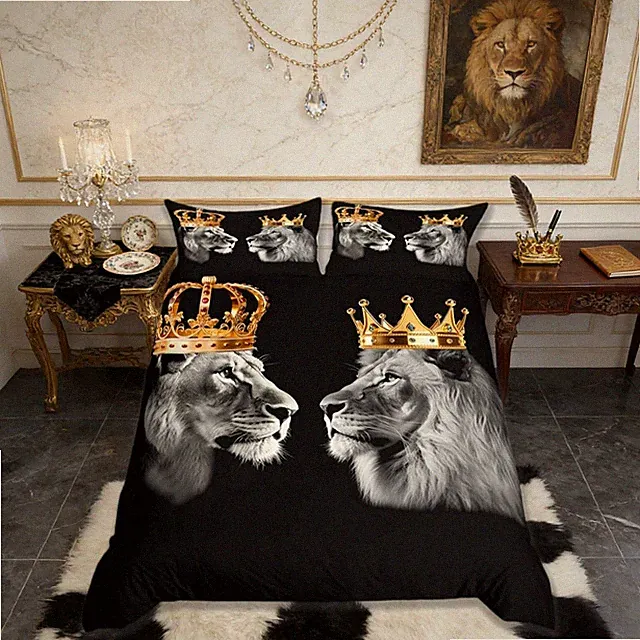 Wild Lion Animal Duvet Cover Queen Size,Golden Crown Print King and Queen The...